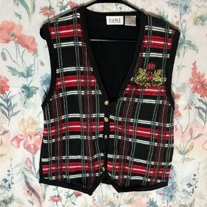 Vintage Red and Black Plaid Vest with Embroidery